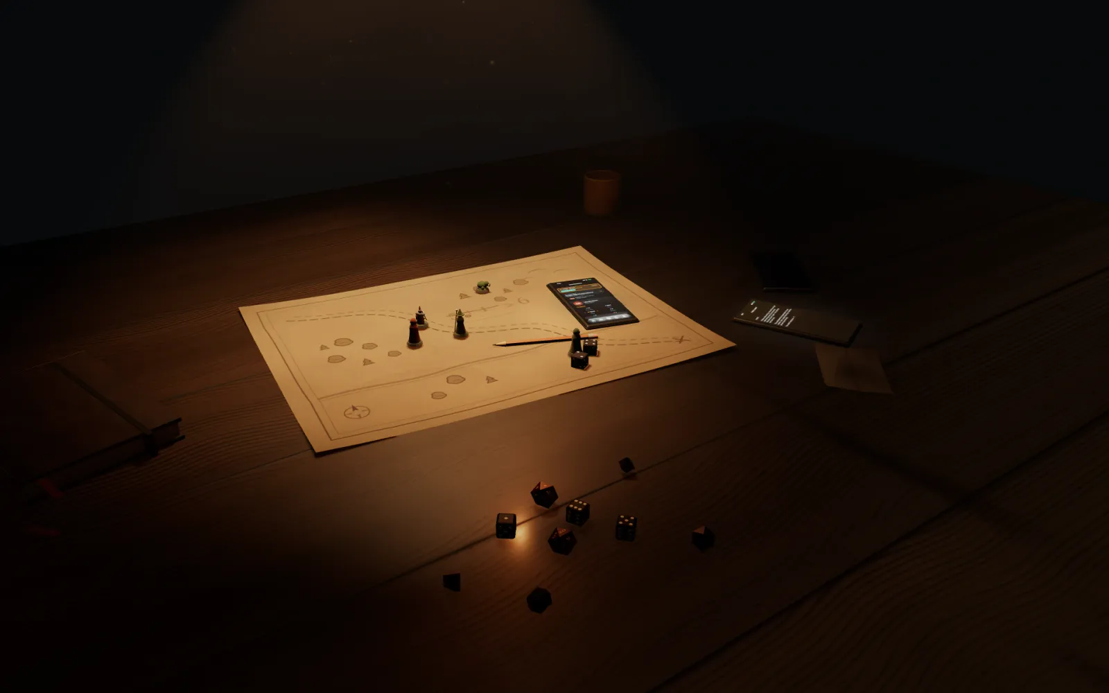 The whole table under the lamp; a phone waking with an it’s-your-turn banner.