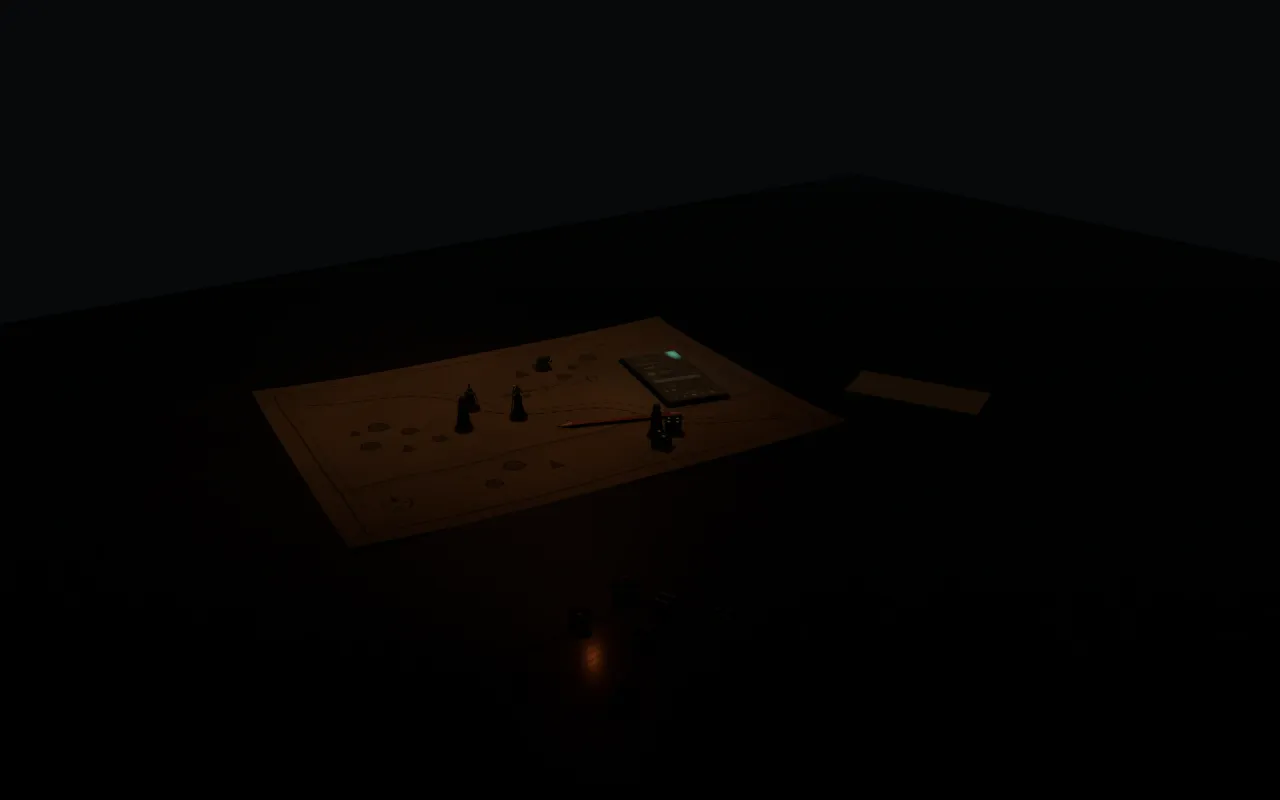 The same table, nearly dark; the lamp out, one phone lit by a single teal point.