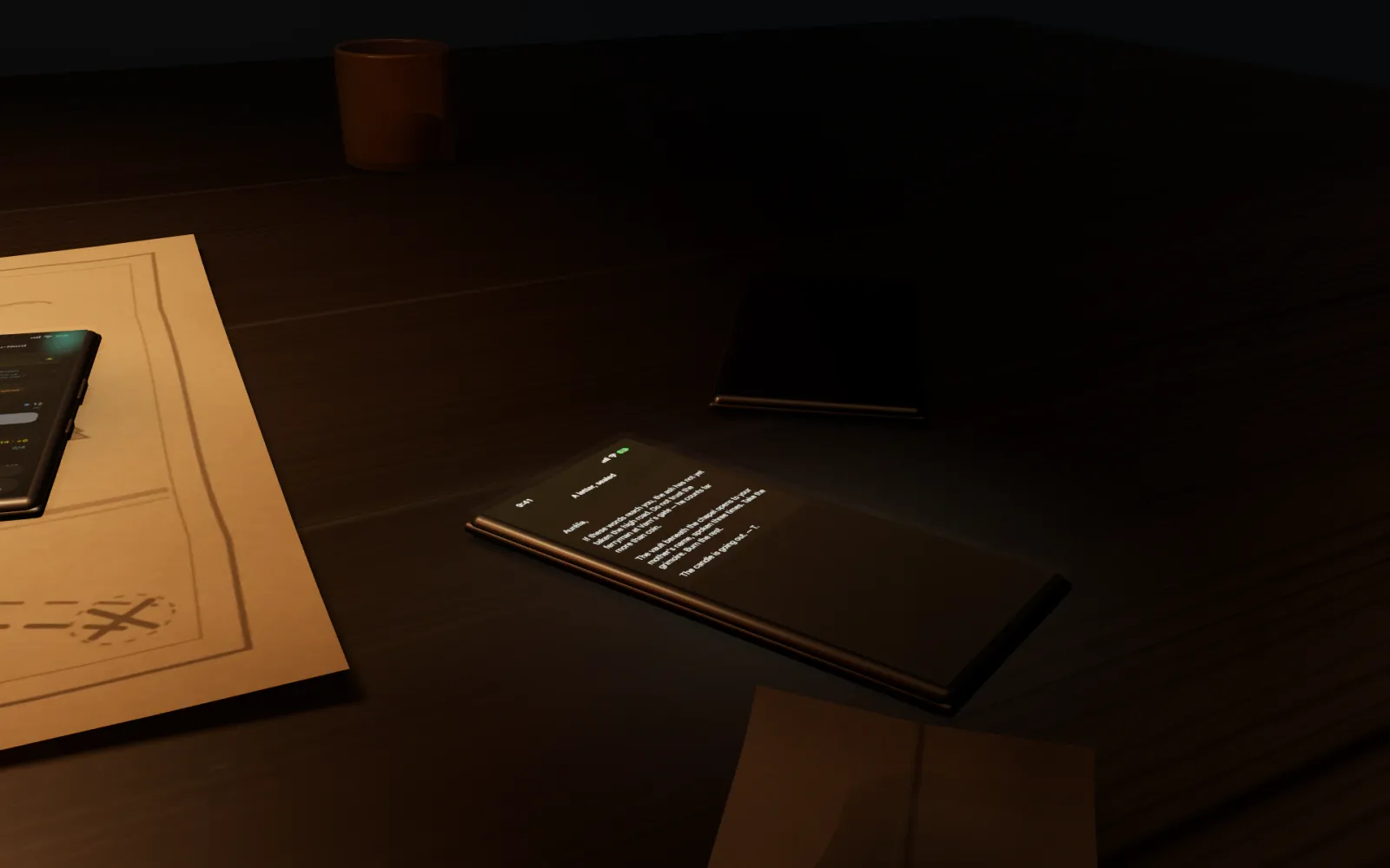 The chosen phone lit with an open letter; another phone dark beside it.