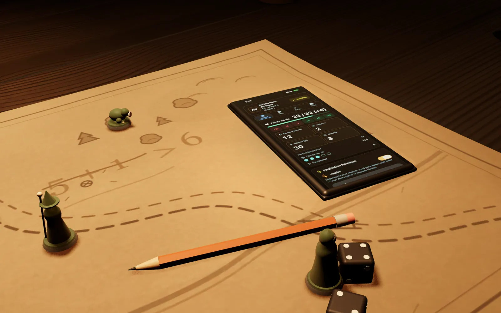 Un téléphone sur la table de chêne sous la lampe, affichant une fiche de personnage.