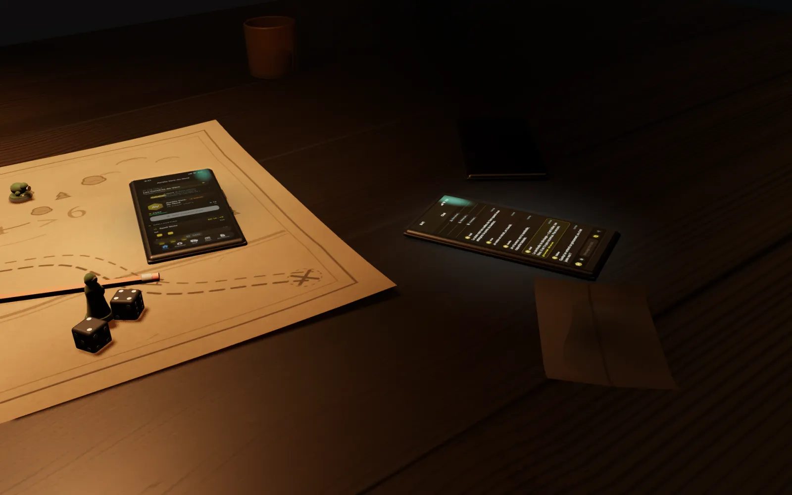 A second phone entering the lamplight, showing a private whisper in the table chat.