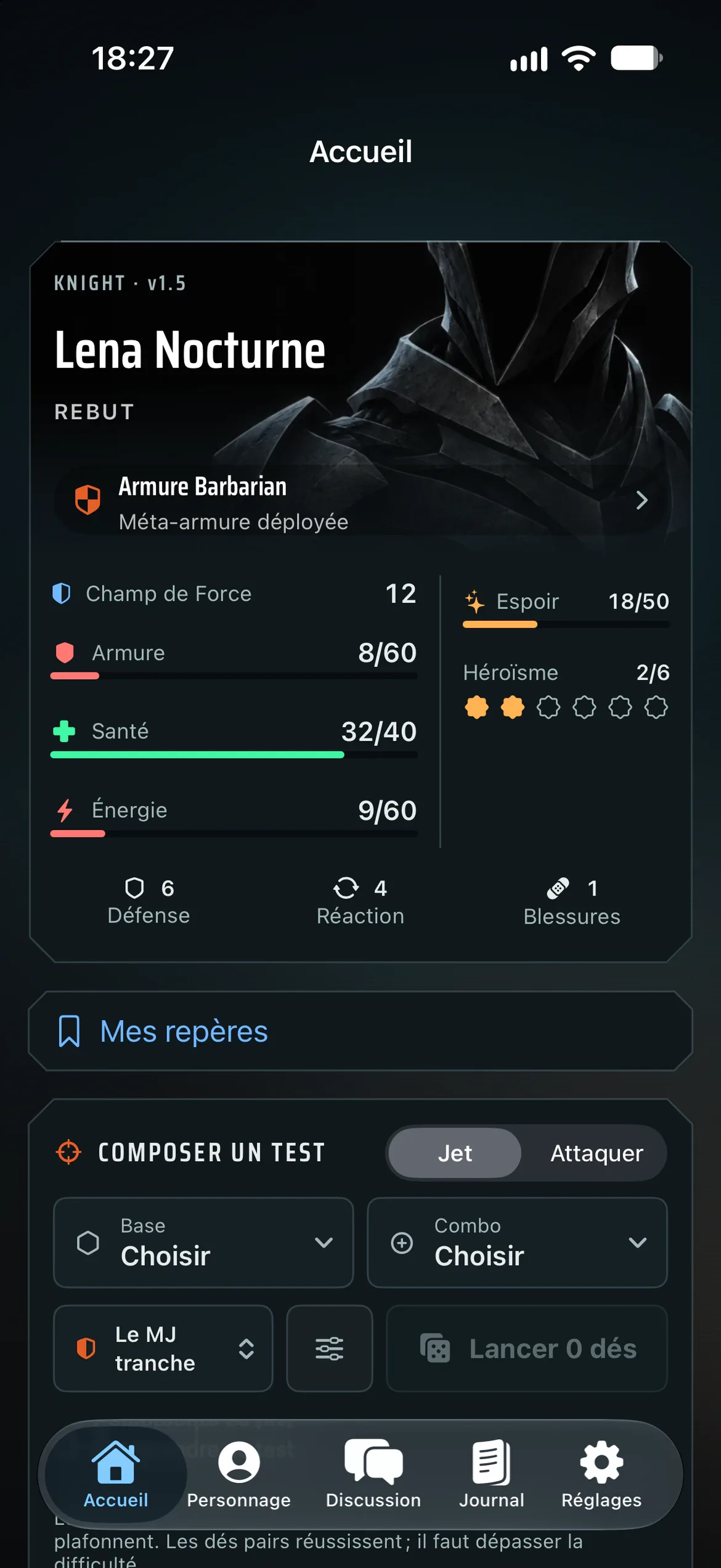 L’accueil joueur de Table Companion, au repos sur le téléphone de Lena : sa chevalière, Lena Nocturne, et ses ressources.