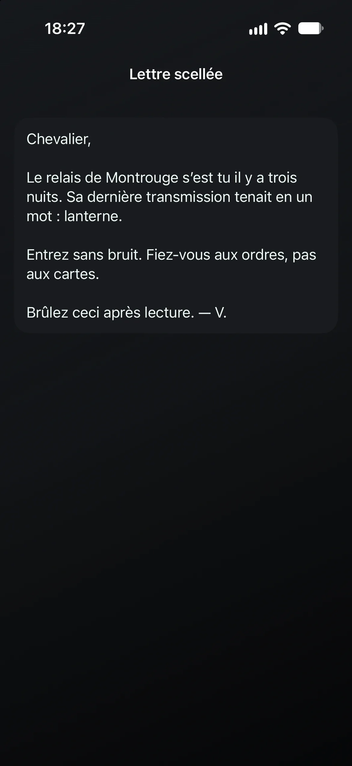 Une lettre scellée du MJ, ouverte dans le lecteur de documents du téléphone de Lena.