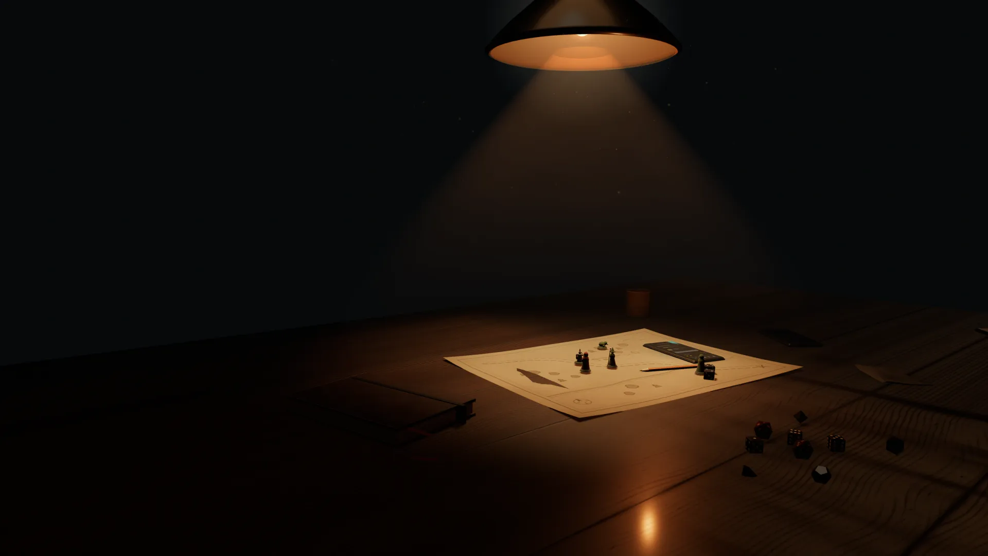 A phone resting on an oak table under a warm lamp, dice at the edge.