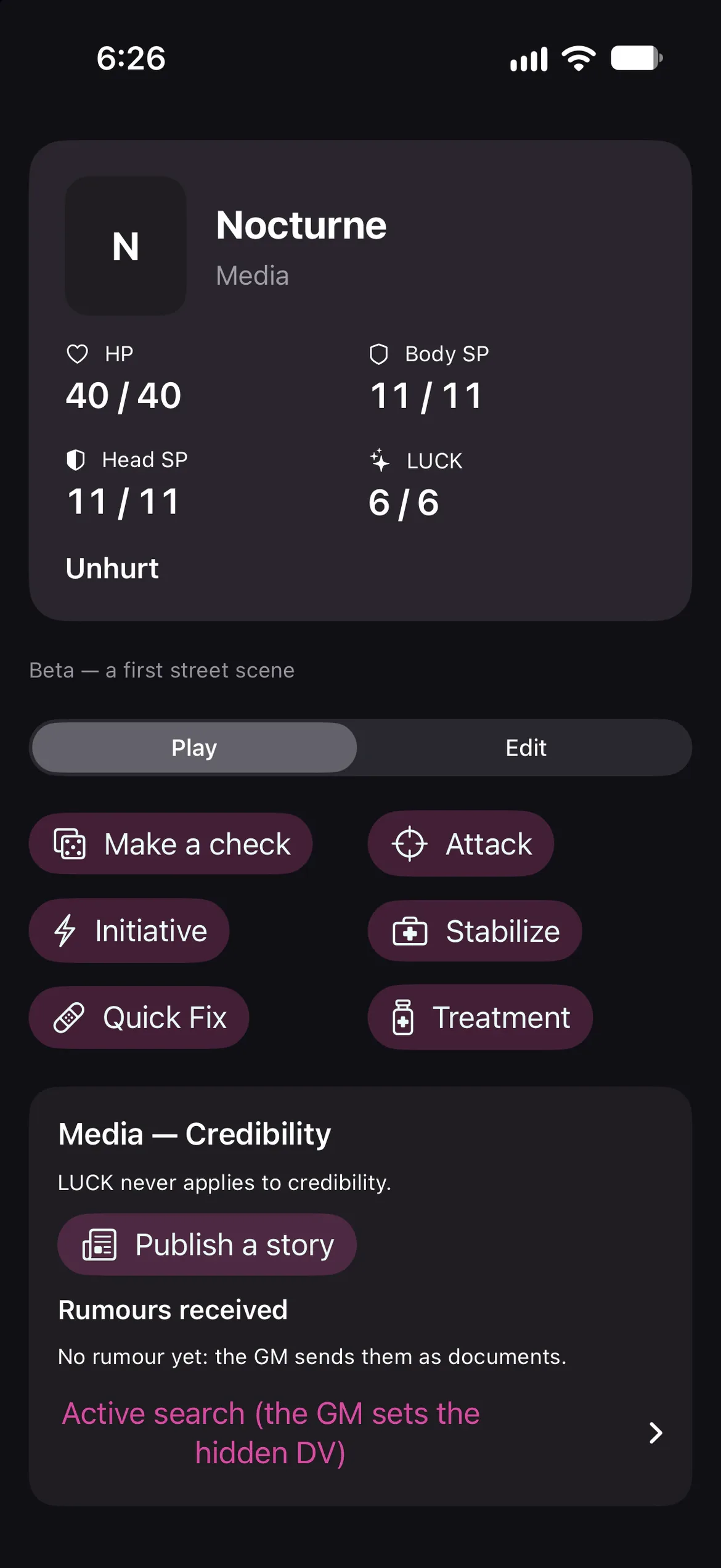 Nocturne’s Cyberpunk RED character sheet: a Media, in the app’s beta.