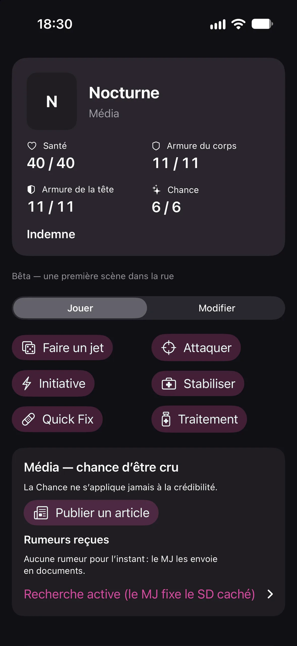 La fiche de personnage Cyberpunk RED de Nocturne : une Média, dans la bêta de l’application.