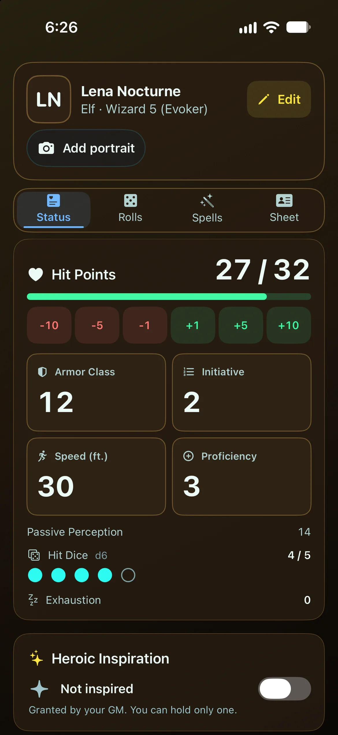 Lena Nocturne’s Fifth Edition (SRD) character sheet: an elf wizard, level 5.