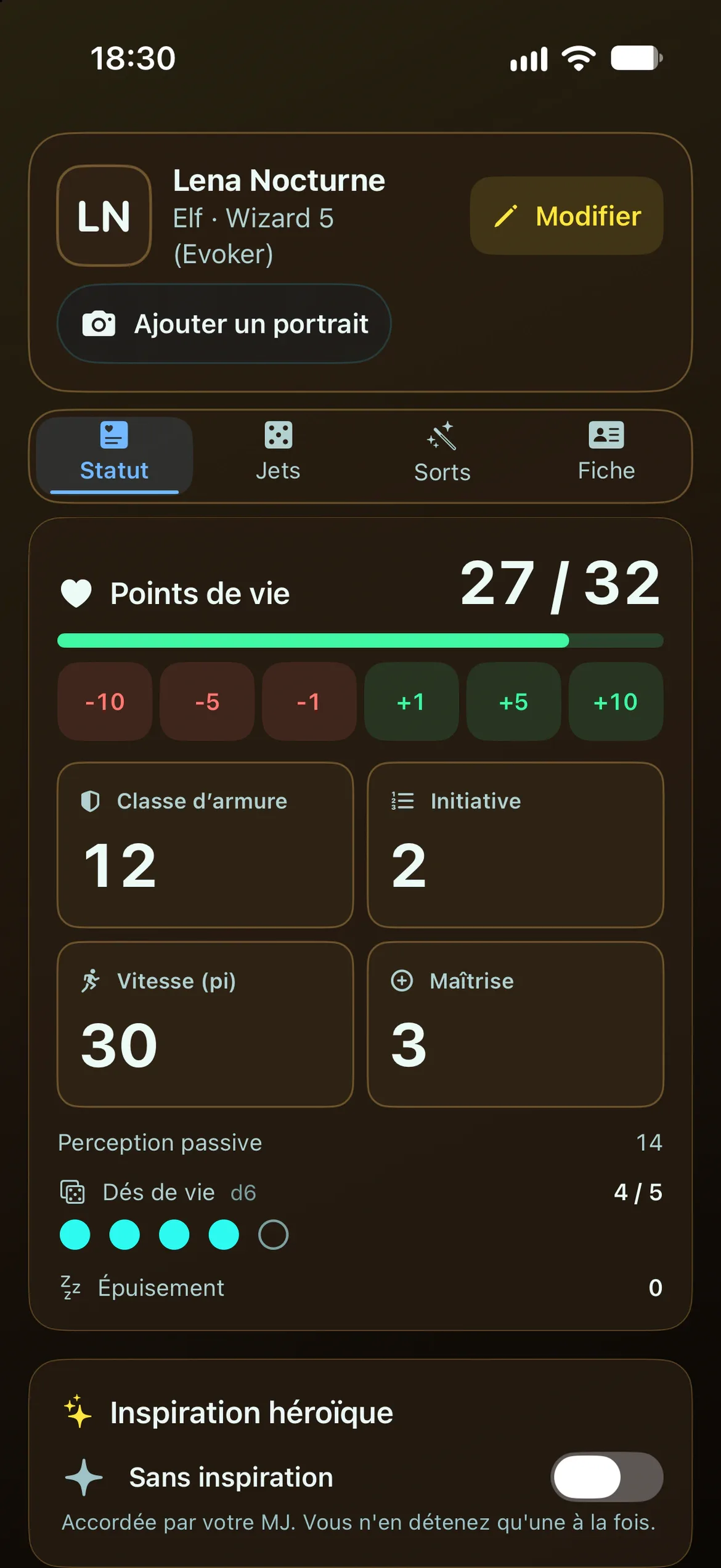 La fiche de personnage Cinquième Édition (SRD) de Lena Nocturne : une magicienne elfe de niveau 5.