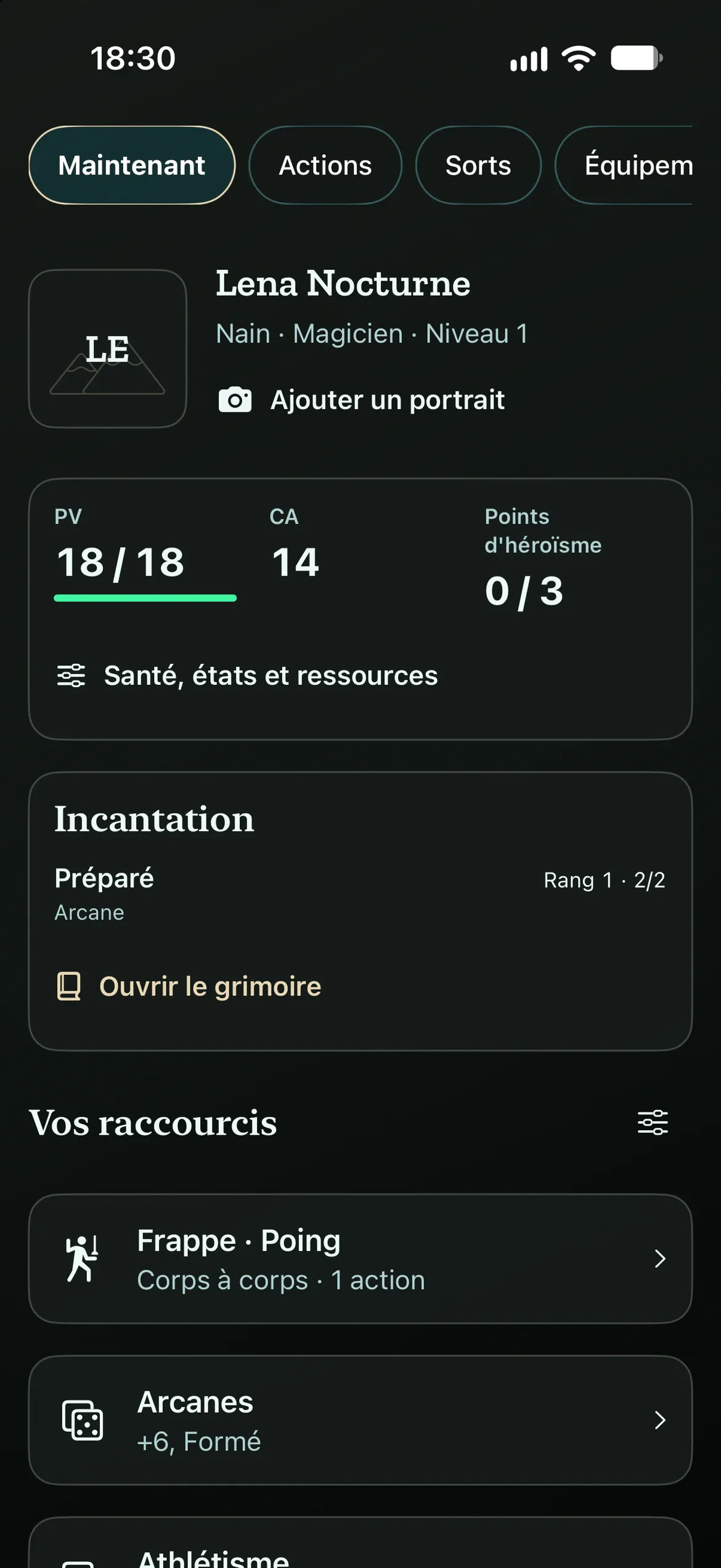 La fiche de personnage Pathfinder 2e de Lena Nocturne : une magicienne naine de niveau 1.