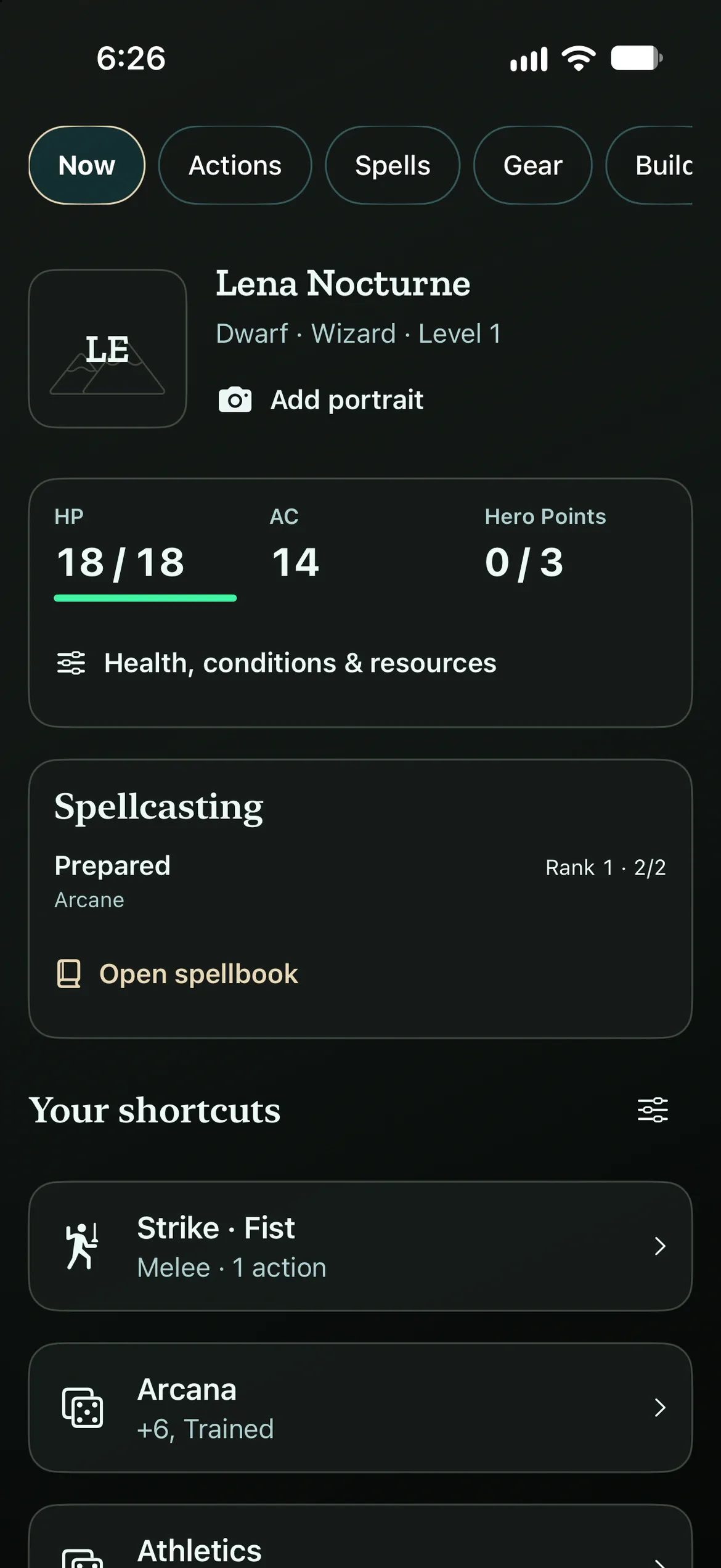 Lena Nocturne’s Pathfinder 2e character sheet: a dwarf wizard, level 1.