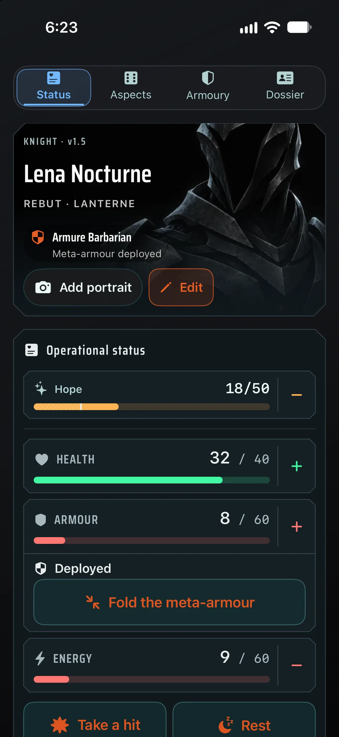 Lena Nocturne’s Knight character sheet, Status tab: Hope, Health, Armour and Energy.