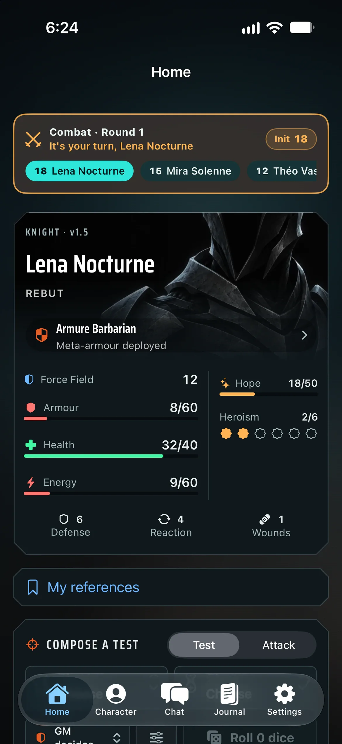 Lena’s home during a fight: the combat banner reads “It’s your turn, Lena Nocturne” above her test controls.