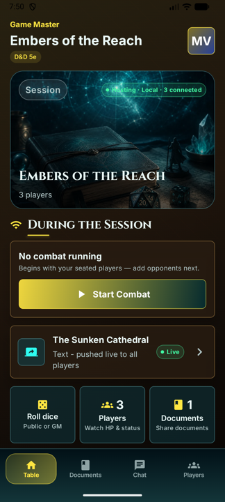 The Table Companion in-session screen for a live D&D 5e game: session status, combat, and what's being shown to players.
